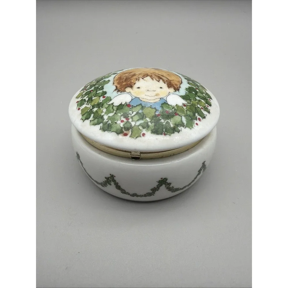 Vintage 1990 Enesco Krinka Boy Angel Round Hinged  Porcelain Trinket Box